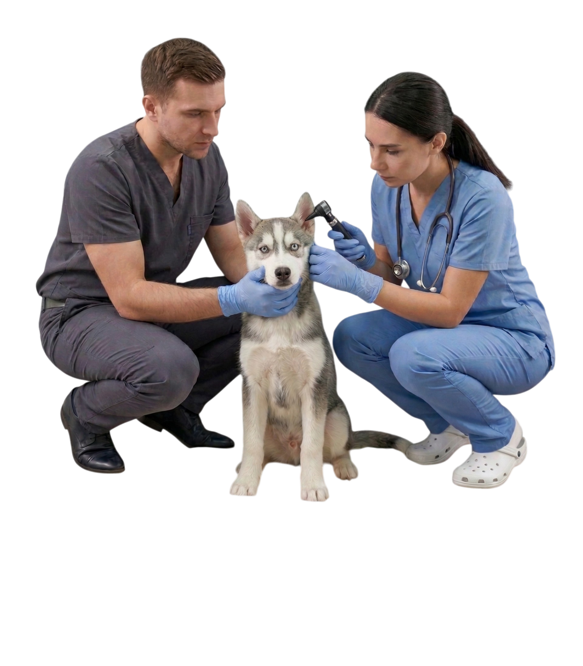 Veterinarios examinando cachorro en casa